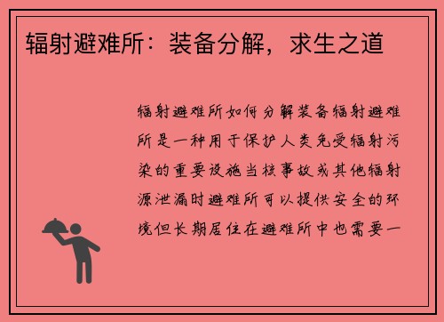 辐射避难所：装备分解，求生之道